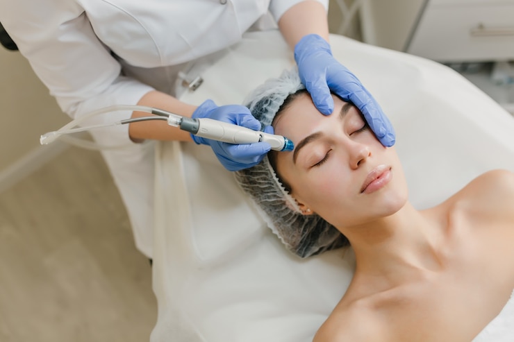 view from rejuvenation beautiful woman enjoying cosmetology procedures beauty salon dermatology hands blue glows healthcare therapy botox 197531 2783
